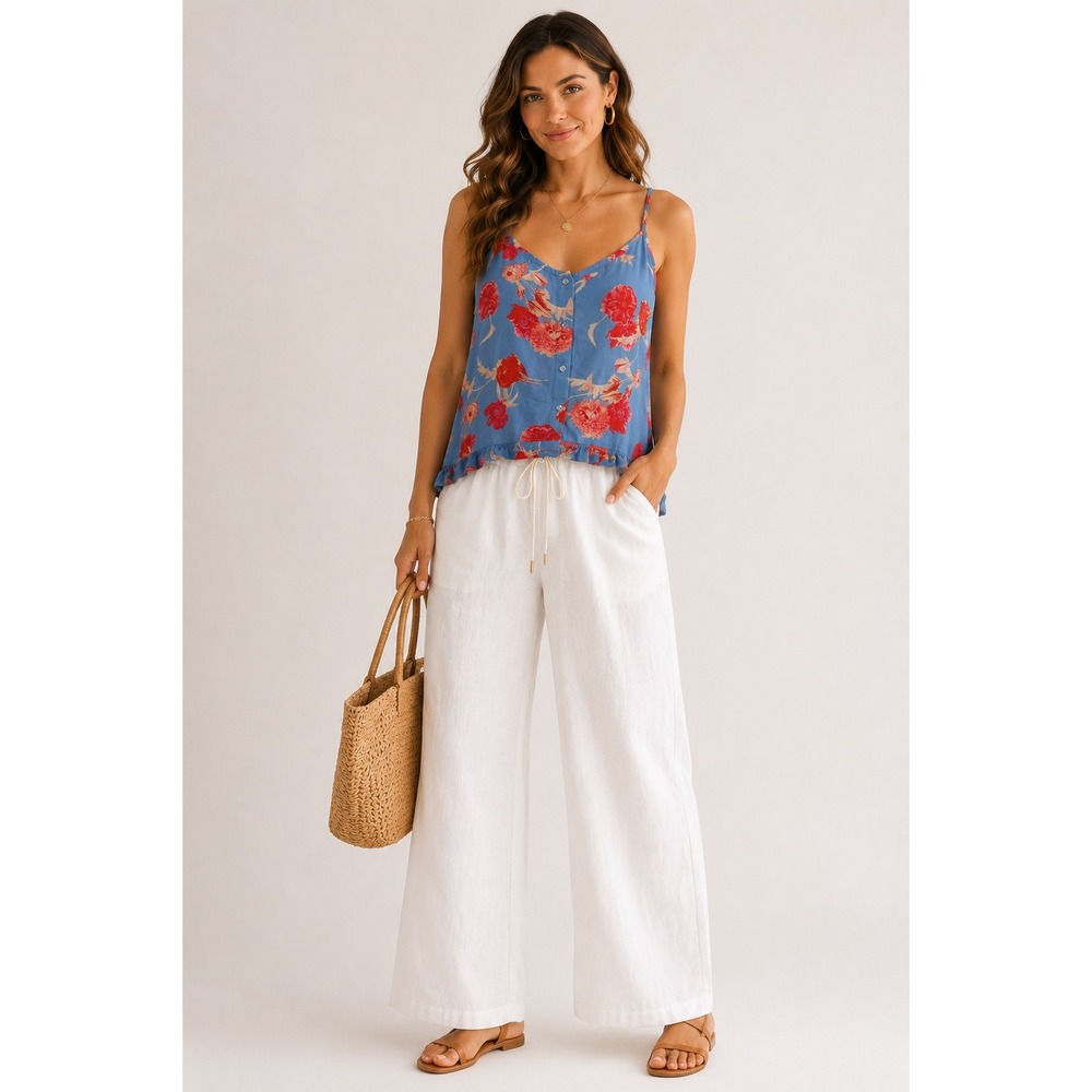 Plum Pretty Sugar Cami Tank Top Women M Blue Floral Button Front Boho Rayon 100%